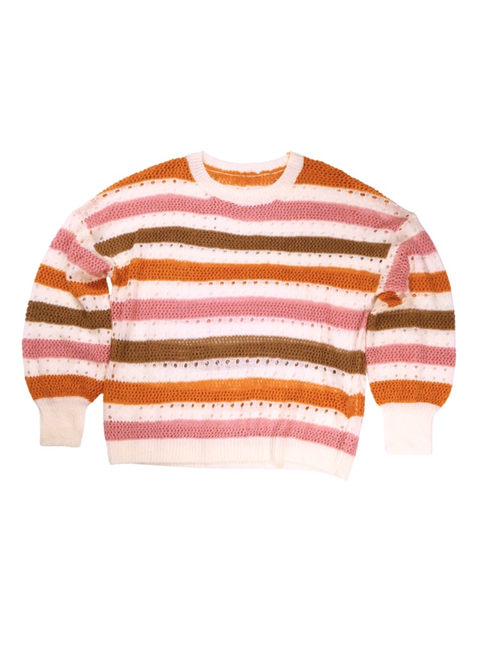 Women's Retro Striped Open Knit Sweater Orange Pink Brown Boho Size Small